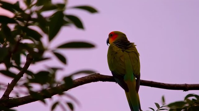 Sunset Serenade: A Rosy-Faced Lovebird Preens & Takes Flight