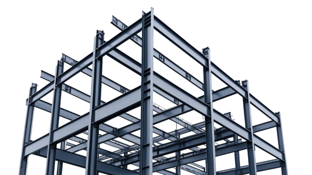 A steel frame structure of a building under construction, showcasing beams and columns arranged in a geometric, skeletal framework.