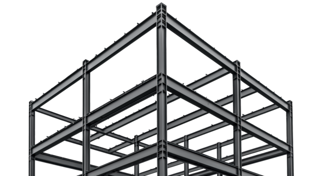 Steel framework of a multi-story building under construction, showcasing beams and columns in a geometric, skeletal structure.