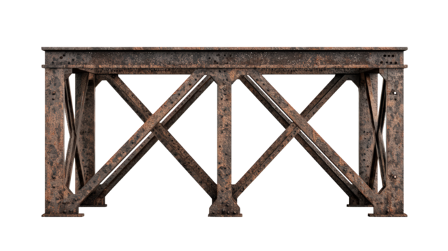 A rusty steel truss bridge structure with visible cross beams and support girders, showing detailed corrosion and texture.