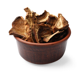 Pieces of dried mushrooms in bowl isolated on white