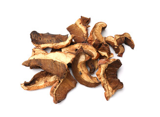 Pieces of dried mushrooms isolated on white, top view