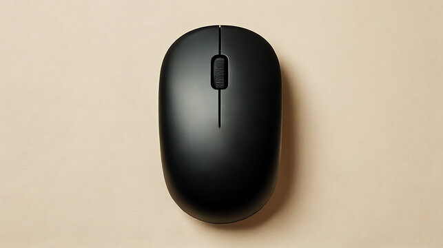 Sleek black computer mouse with textured scroll wheel on neutral background technology input device