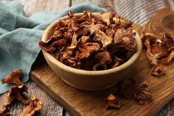 Dried chanterelle mushrooms on wooden table, closeup