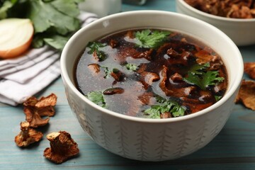 Tasty soup with mushrooms and parsley in bowl on light blue wooden table, closeup