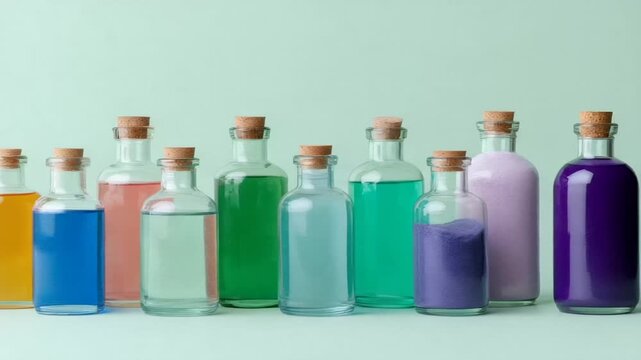 A collection of colorful glass potion bottles arranged in a row, ideal for Halloween, alchemy, and potion-making themes vivid hues cork stoppers