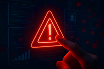 Human finger touching a glowing red warning triangle on a futuristic digital interface