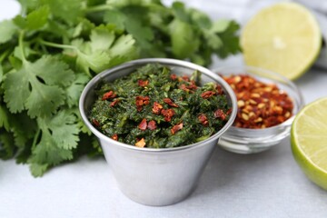 Tasty sauce with cilantro and other ingredients on light table, closeup
