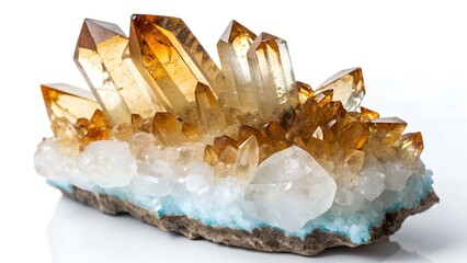 Citrine Crystal Cluster Close-Up A Striking Gemstone Specimen with Golden Hues on White and Blue Matrix