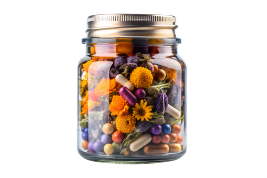 Holistic Wellness Floral and Pill Combination in a Jar for Alternative Medicine and Natural Healing Practices