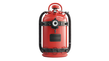 Naklejka premium A red vintage-style metal fire extinguisher with a hose, pressure gauge, and handle, designed for manual fire safety use.