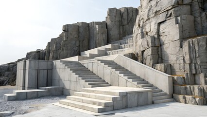 Fototapeta premium Architectural Grandeur Stone Stairway Ascending a Dramatic Cliff Face, A Symphony of Form and Texture in Landscape Photography