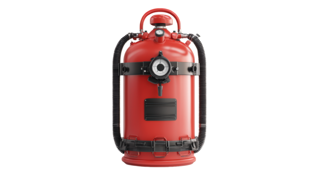 A red vintage-style metal fire extinguisher with a hose, pressure gauge, and handle, designed for manual fire safety use.