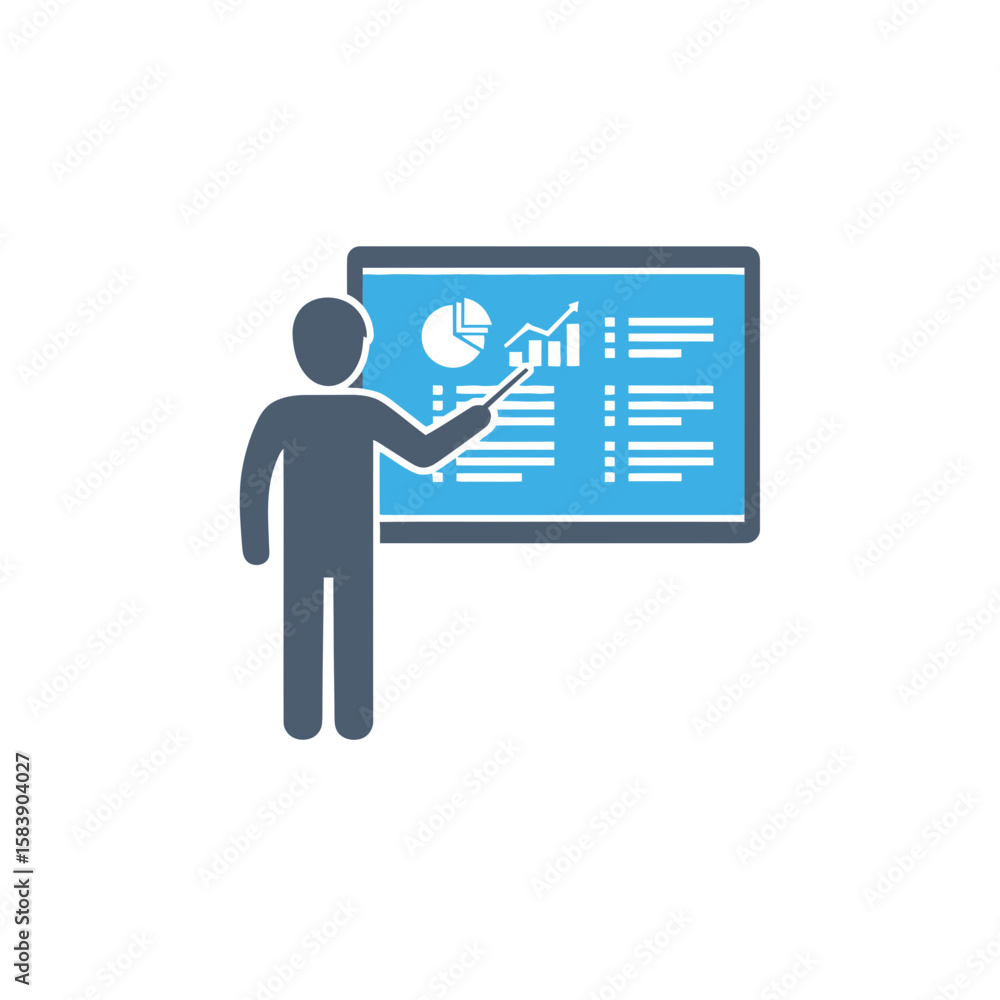 Poster person presenting data on a screen with charts and a list.