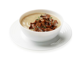 Tasty cream soup with mushrooms and thyme in bowl isolated on white