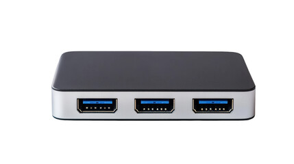 A compact metallic USB hub featuring three USB 3.0 ports aligned side by side on one edge.