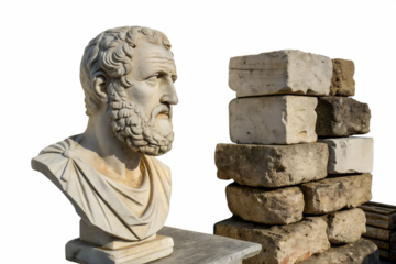 Ancient Wisdom and Modern Materials Juxtaposing a Classical Bust with a Stack of Rough-Cut Stones in Natural Light