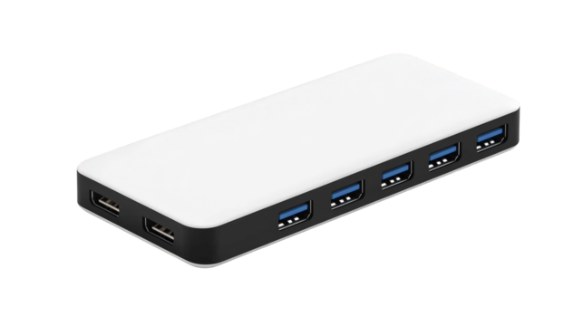A sleek rectangular USB hub with multiple USB 3.0 ports and USB-C connectors, designed for expanding device connectivity.
