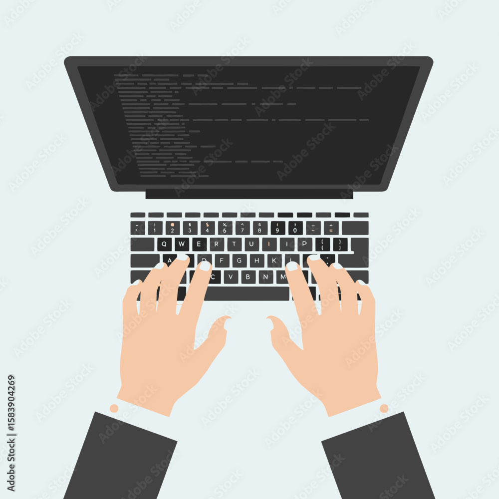 Poster hands typing on a laptop keyboard from above in a flat lay style.