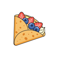 Cartoon crepe filled with cream strawberries and blueberries on a white background.