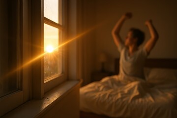 Fototapeta premium Golden sunrise illuminates the room, signaling a refreshed start to the day. Person awakens to embrace the dawn's peaceful energy.
