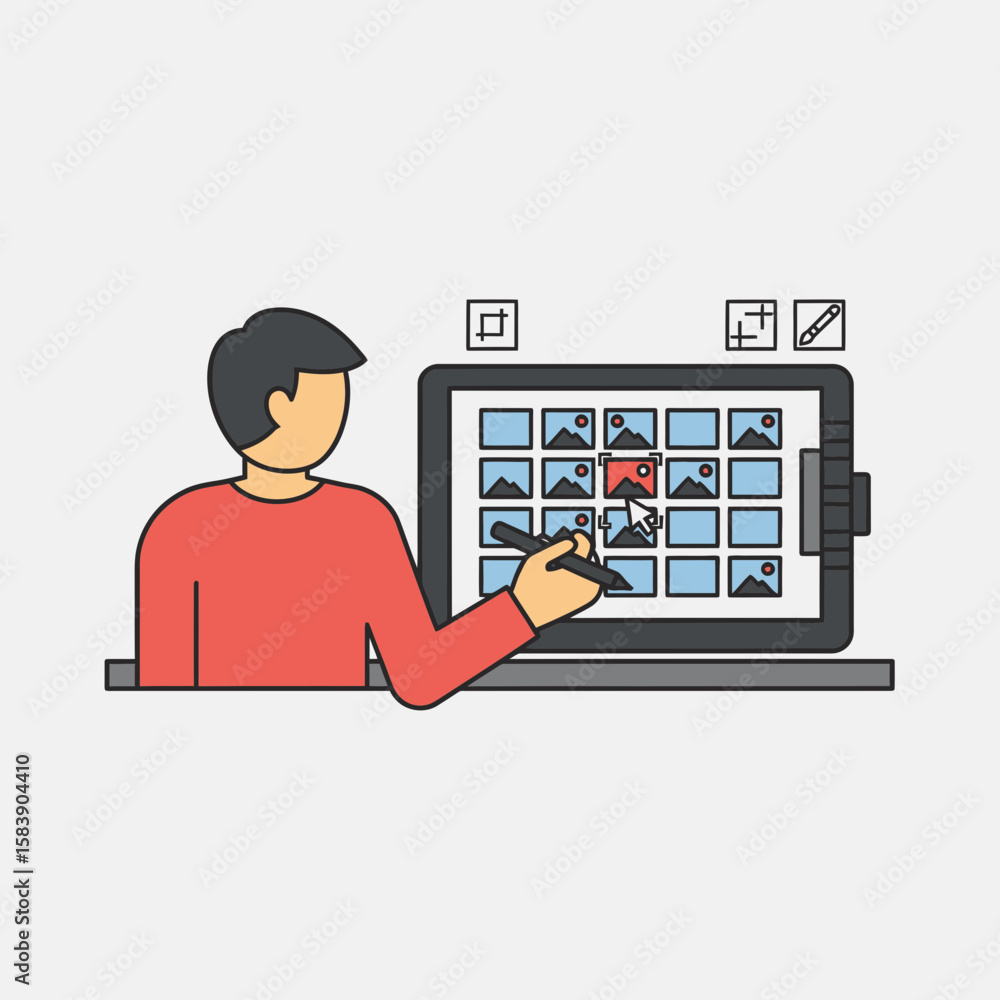 Poster person interacts with a digital display showing icons and symbols.