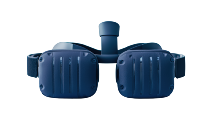 A pair of modern, dark blue virtual reality goggles with adjustable straps and a central sensor or camera mounted on top.