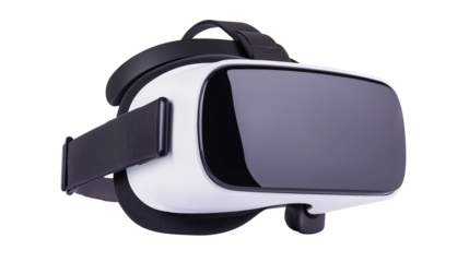 A sleek, modern VR headset featuring a black and white design with adjustable straps for immersive virtual reality experiences.
