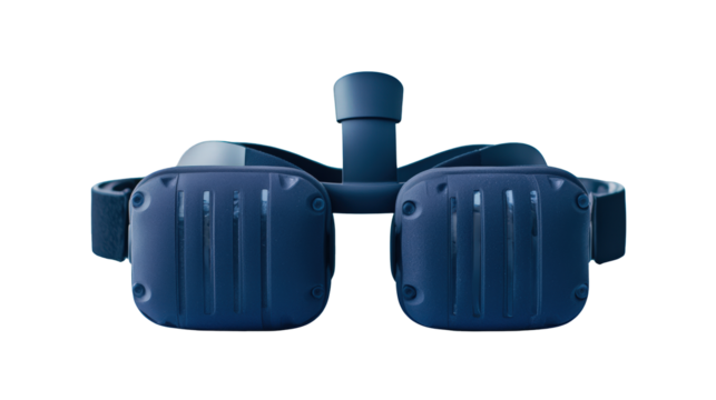 A pair of modern, dark blue virtual reality goggles with adjustable straps and a central sensor or camera mounted on top.