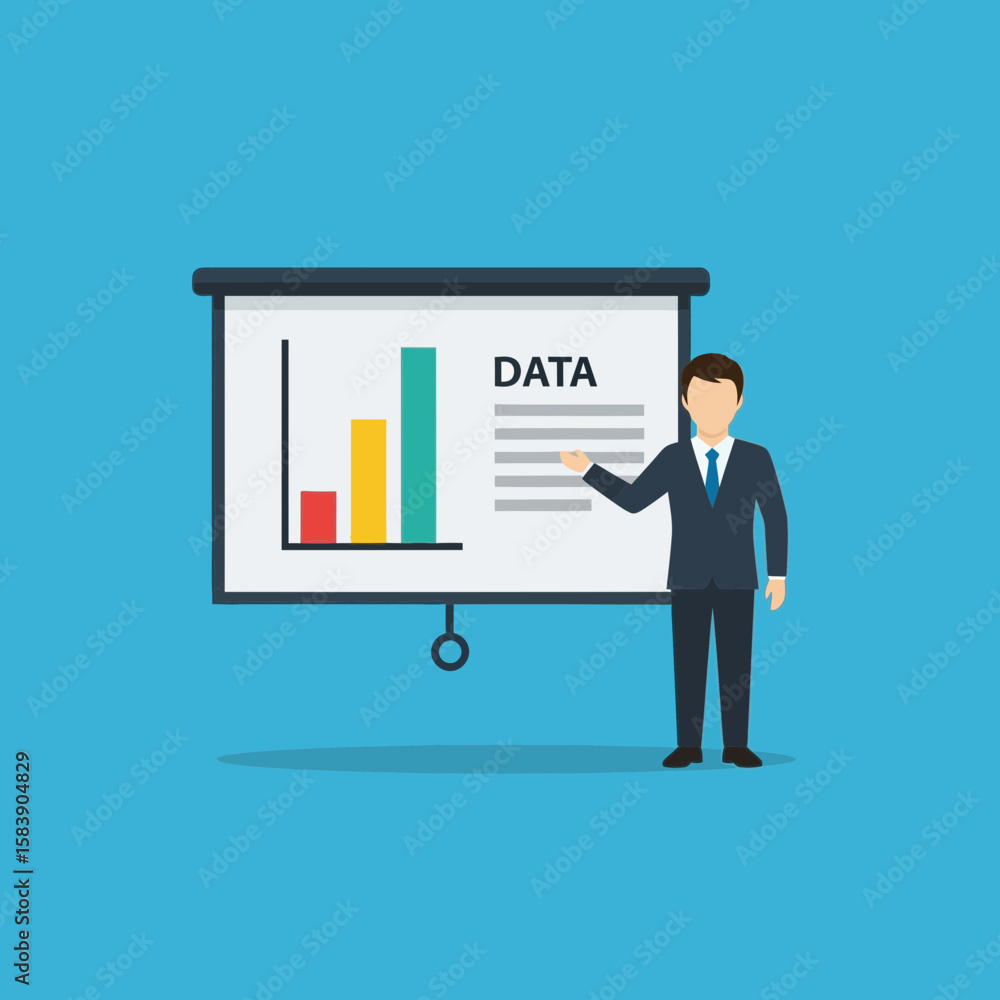 Poster man presenting data on a projection screen with bar graph illustration.