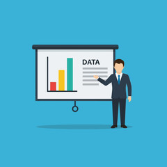 Fototapeta premium Man presenting data on a projection screen with bar graph illustration.