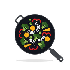 Stir fry vegetables in a black pan flat vector illustration on white.