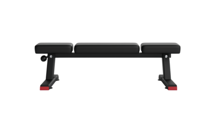 A black flat weight bench with red accents and padded segments designed for strength training and fitness exercises.