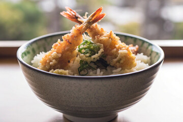 a bowl of tendon  tempura rice bowl