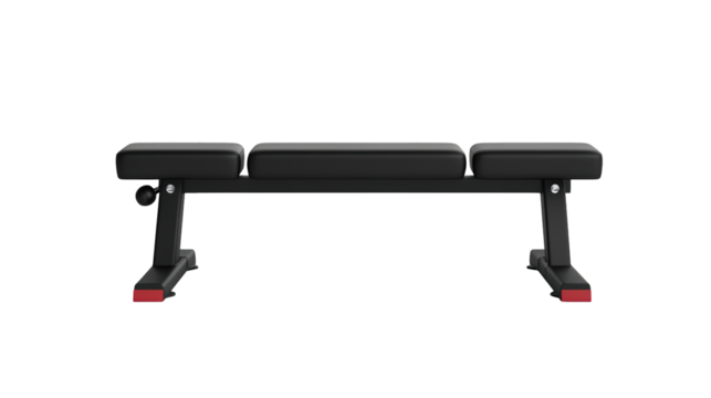 A black flat weight bench with red accents and padded segments designed for strength training and fitness exercises.