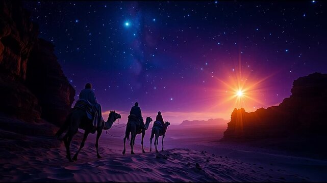 The Three Kings journeying through desert under starry sky, guided by bright celestial star, symbolic nativity scene with camels and serene atmosphere
