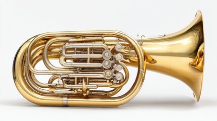 Polished brass tuba against a white background