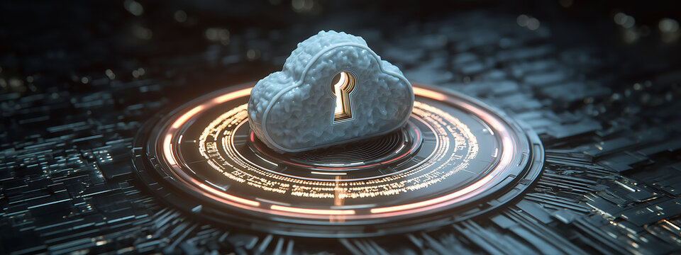 Secure digital cloud network with AI algorithms, abstract data protection design, glowing encryption, and cyber security in futuristic digital landscape