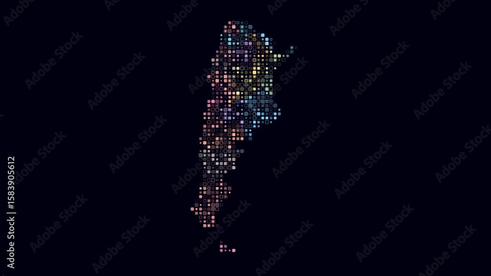 Poster argentina dotted animation. shape of the country build of pulsating colored dots. small size rounded