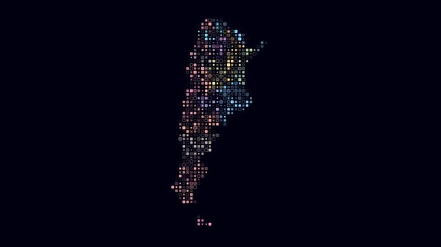 Argentina dotted animation. Shape of the country build of pulsating colored dots. Small size rounded square blocks. Digital style map on dark background. Artistic video.