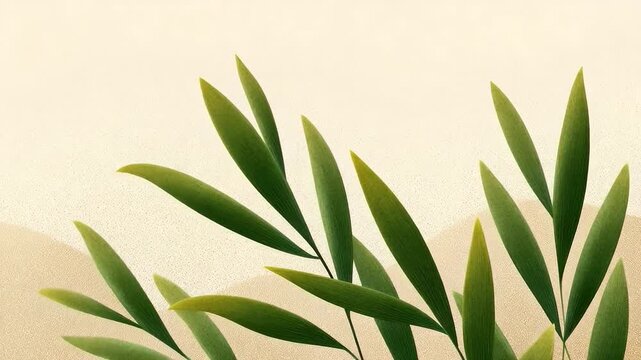 Elegant green leaves gently sway against a soft background, embodying tranquility, minimalism, and Zen philosophy, with a hint of feng shui harmony