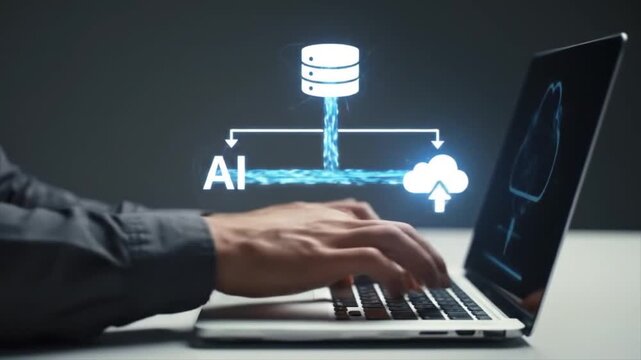 Individuals engage with artificial intelligence by typing on a laptop in a sleek, modern workspace. The focus is on data processing and exploring AI capabilities