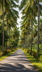 Obraz premium A beautiful morning on a rural road under tropical trees