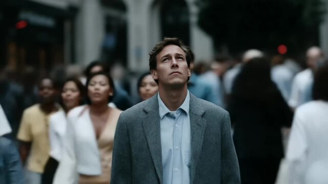 A diverse group of adults walk through a bustling city, capturing urban life, multiculturalism, and the essence of daily commute cityscape pedestrian dynamics