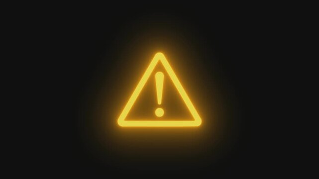 Glowing neon yellow colour warning icon animation on black background.