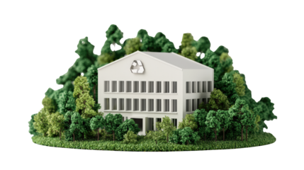 A white building featuring a recycling symbol on its facade, surrounded by dense green trees and bushes.
