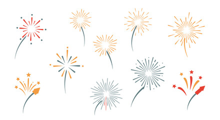 Festive Fireworks Vector Set for Celebrations, Events, and Graphic Design Projects, Perfect for Adding a Touch of Sparkle and Excitement to Any Visual Communication.