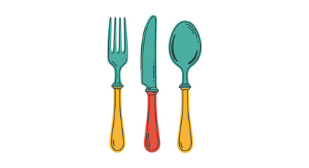 Colorful Cutlery Illustration Featuring Fork, Knife, and Spoon for Restaurant Menus and Culinary-Themed Designs, Ideal for Culinary Arts, Food Blogs, and Recipe Illustrations