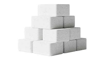 A pyramid stack of white sugar cubes arranged in a neat, compact formation.