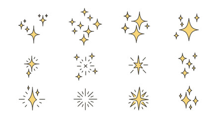 Sparkle and Shine Icons Set. Twinkling stars, glow effects, and light burst symbols. Vector illustration design elements.